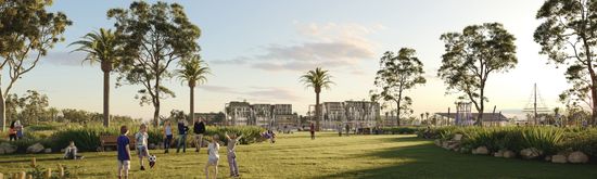 An artist’s impression of a wide, grassy parkland at Riverlea. A group of children are playing soccer while parents stand nearby watching, and many park benches surround the field with people sitting on them. In the distance a retail precinct can be seen with large water fountains spraying nearby.