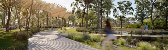 An artist’s impression of public parklands and a nearby retail precinct at Riverlea