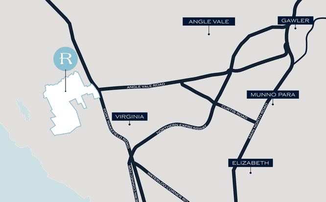 A simplified map showing the Riverlea development’s boundaries in relation to the surrounding area, with major connecting roads of Angle Vale Rd, Port Wakefield Rd and the Northern Expressway labelled, and markers for nearby suburbs of Virginia, Angle Vale, Munno Para and Gawler to the east. The ocean coastline is also visible along the western edge of the map.