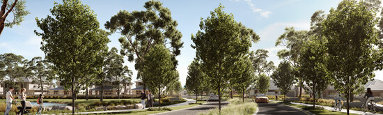 An artist’s impression of a tree-lined street at Riverlea with houses, pedestrians and cyclists on a sunny day.