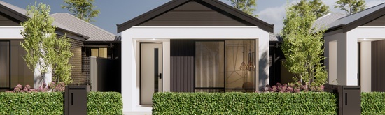A row of modern terrace homes at Riverlea, with a gabled white facade, timber-look cladding and clipped hedges along the front boundary on a sunny afternoon.