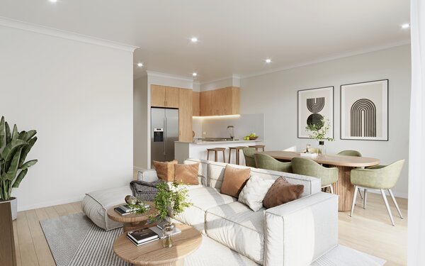 The Ashwood colour scheme in an open-plan living and dining area, with deep walnut kitchen cabinetry, charcoal dining chairs and pale timber flooring beside a large garden window.