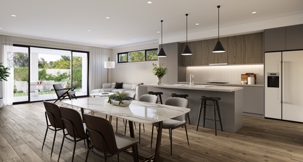 An open-plan kitchen, dining and living area with a long dining table, island bench, pendant lights, timber flooring and large glass doors opening to an outdoor patio.