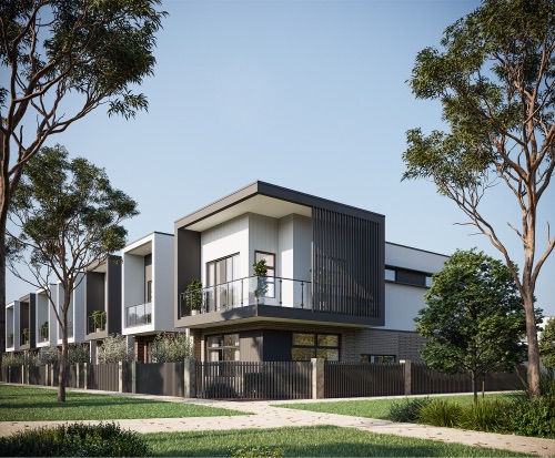 View of one of the corner terraces on a sunny day at Riverlea