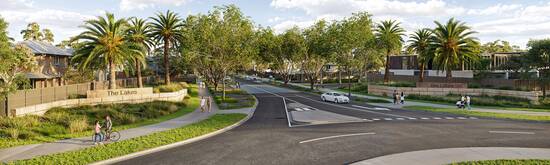 An artist’s impression of the road leading into The Lakes neighbourhood at Riverlea, with a road branching off a wide roundabout heading past a low sandstone wall with a sign reading “The Lakes”. The road is lined with many large trees and several pedestrians are walking along the wide footpaths on either side of the road.