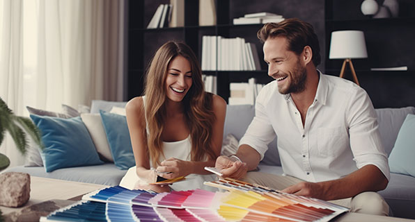 A couple laughing while reviewing colour swatches spread out across a coffee table in a modern living room.
