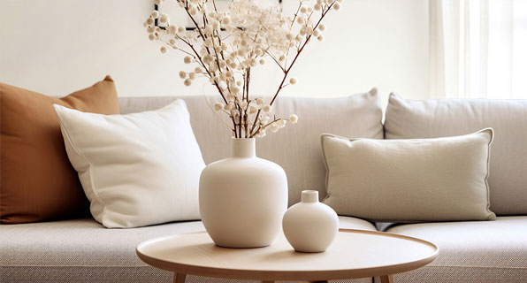 A designer coffee table holding light-coloured pottery standing in front of a wide sofa in a well-lit and well-designed modern living room.