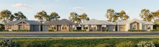 A row of modern townhomes at Riverlea along a quiet street on a sunny afteroon with people walking and standing with their dog.