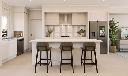 A row of modern townhomes at Riverlea along a quiet street on a bright, clear day with two people walking on footpath.
