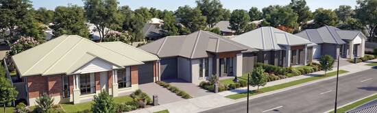 An artist’s impression of a row of modern villa houses in Riverlea’s Hillier Street. The single-storey houses line a calm street with native trees in the distance.