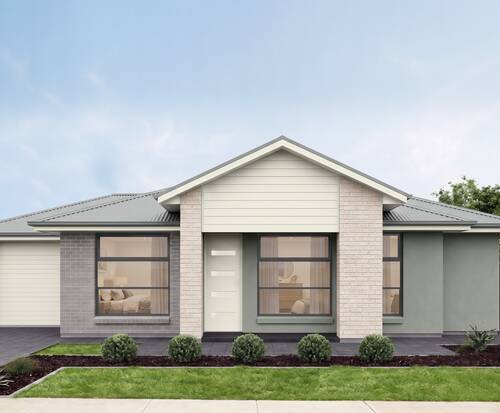 An artist’s impression of a modern single-storey house at Riverlea, with pillars surrounding a large entrance door leading out to a tiled walkway into the house alongside a green lawn with shrubs along the edges.