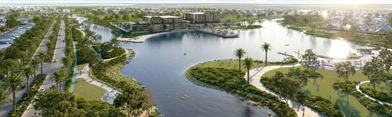 An artist’s impression of the large, open waterway and surrounding parks & public spaces at Riverlea, viewed from above looking out towards the horizon on a clear, sunny day, with a waterfront shopping precinct and nearby houses visible towards the distance.